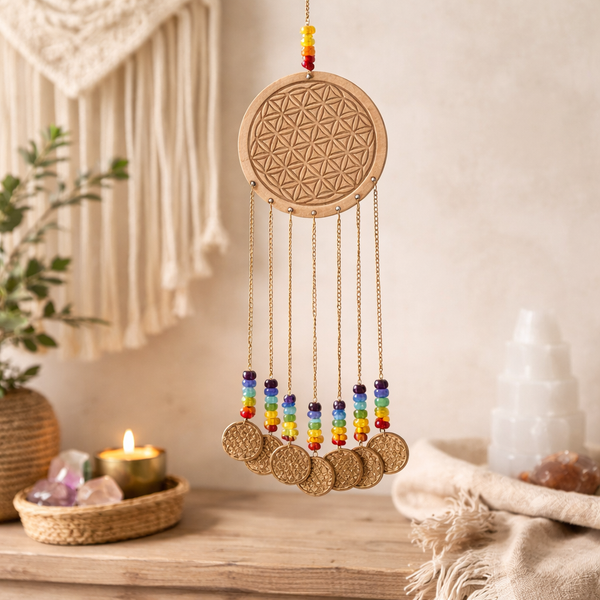 Feng Shui Bloem des Levens Hanger MDF Hout Glazen Steentjes Messing Kettinkjes Chakra Kleuren