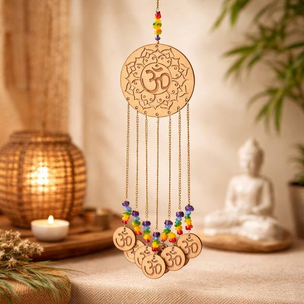 Feng Shui Ohm Hanger MDF Hout Glazen Steentjes Messing Kettinkjes Zeven Chakra Kleuren