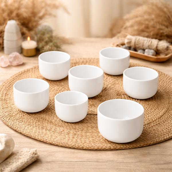 Kristallen Klankschalen Chakra Set 7 Schalen 432 Hz Met Tassen