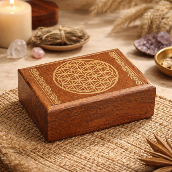 Tarotdoos Flower Of Life Gegraveerd Sheesham Hout MDF