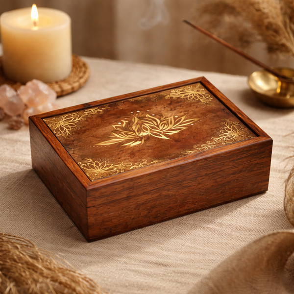 Tarotdoos Lotus Gegraveerd Sheesham Hout MDF Rood