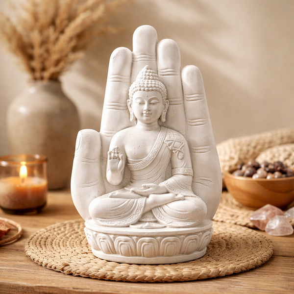 Boeddha In Hand Polyresin Wit 23 cm