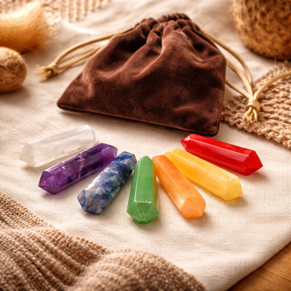 Chakra dubbeleinder set in fluwelen buidel variërende kleuren en steensoorten
