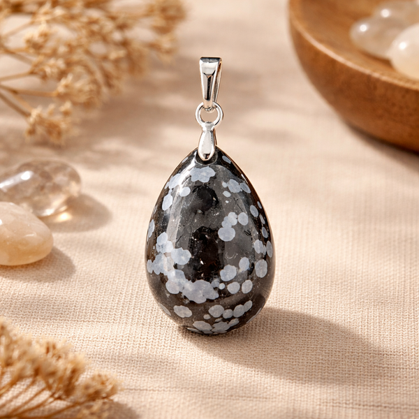 Druppelvormige Hanger van Obsidiaan Sneeuwvlok (25 mm)