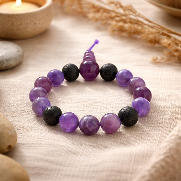 Edelsteen Armband Amethist Powerbead met Lavastenen (19 cm)
