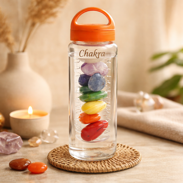 Energie Drinkwater Fles met Jaspis Rood, Carneool, Calciet Geel, Aventurijn Groen, Blauwe Kwarts, Amethist, Bergkristal