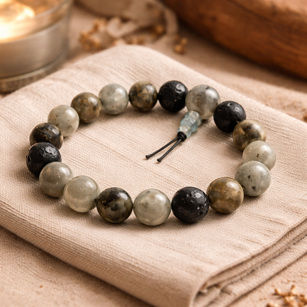Edelsteen Armband Labradoriet en Lavasteen Powerbead -  21 cm