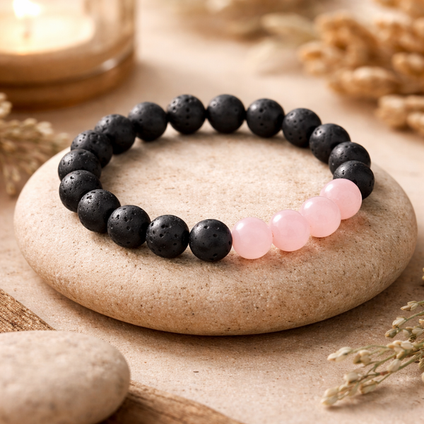 Lavasteen Kralenarmband met Roze Kwarts voor Liefde en Creativiteit