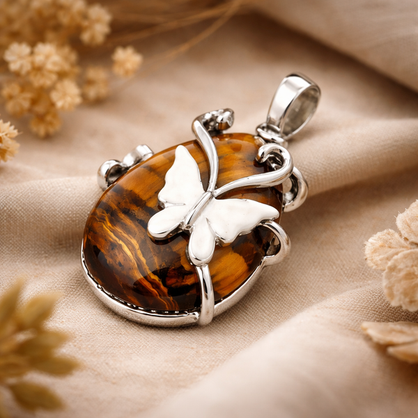 Druppelvormige Edelsteen Hanger Tijgeroog – Vlinder &amp; Bloem