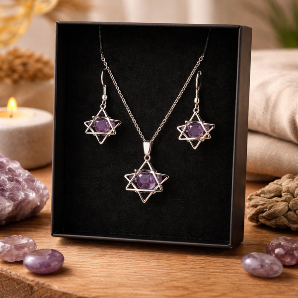 Edelsteen Amethist Oorbellen en Hanger Set Merkabah