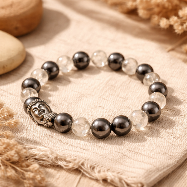 Edelsteen Armband Bergkristal/Hematiet met Boeddha