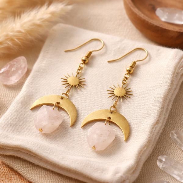 Edelsteen Oorhangers Ruwe Rozenkwarts – Ster &amp; Maan