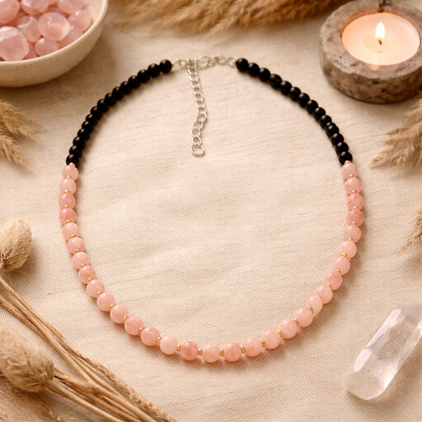 Edelsteen Ketting Rozenkwarts &amp; Zwart Glas Kralen