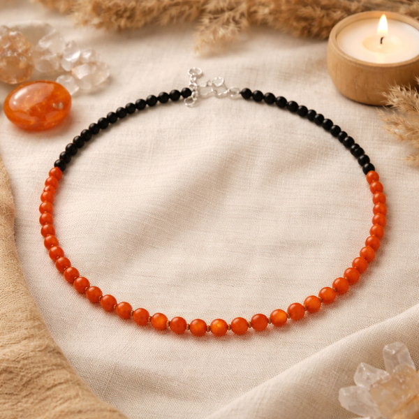 Edelstenen Ketting Carneool &amp; Zwart Glas