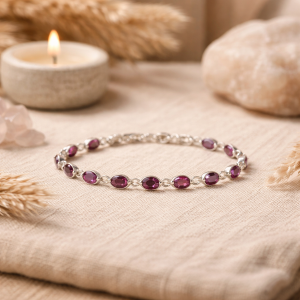 Handgemaakte Indiase 925 Sterling Zilveren Armband met Ovale Robijn Stenen