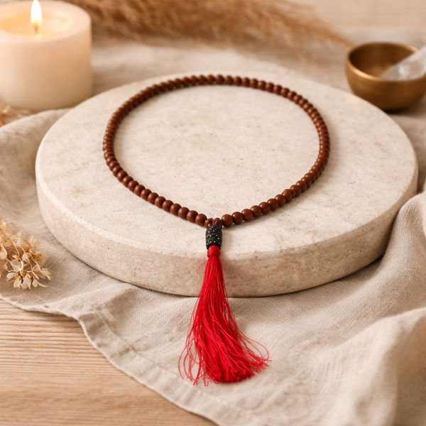 Rhudraksha Mala Ketting Boeddha Rood Kwastje