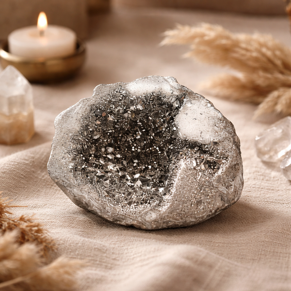 Zilverkleurige Bergkristal geode Marokko spirituele decoratie