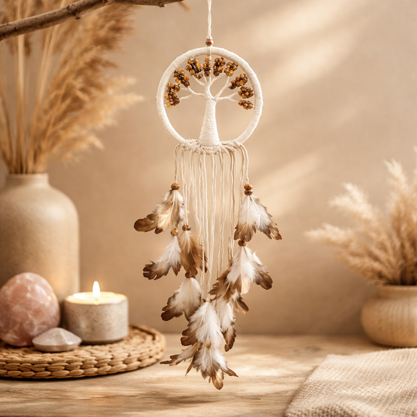 Kleine decoratieve dromenvanger met veren en kralen