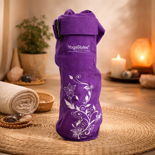 Paarse Yogatas Wit Geborduurd Bloemmotief Ruimte voor Handdoek