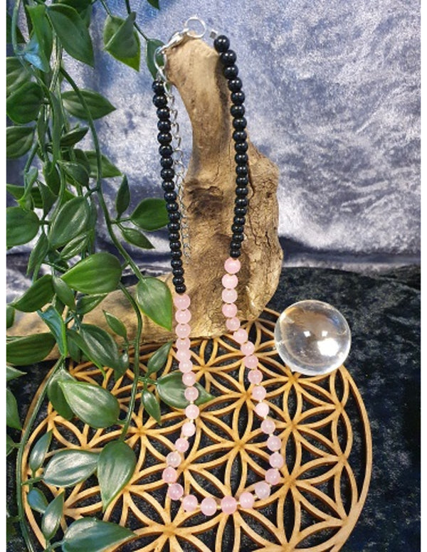 Edelsteen Ketting Rozenkwarts &amp; Zwart Glas Kralen