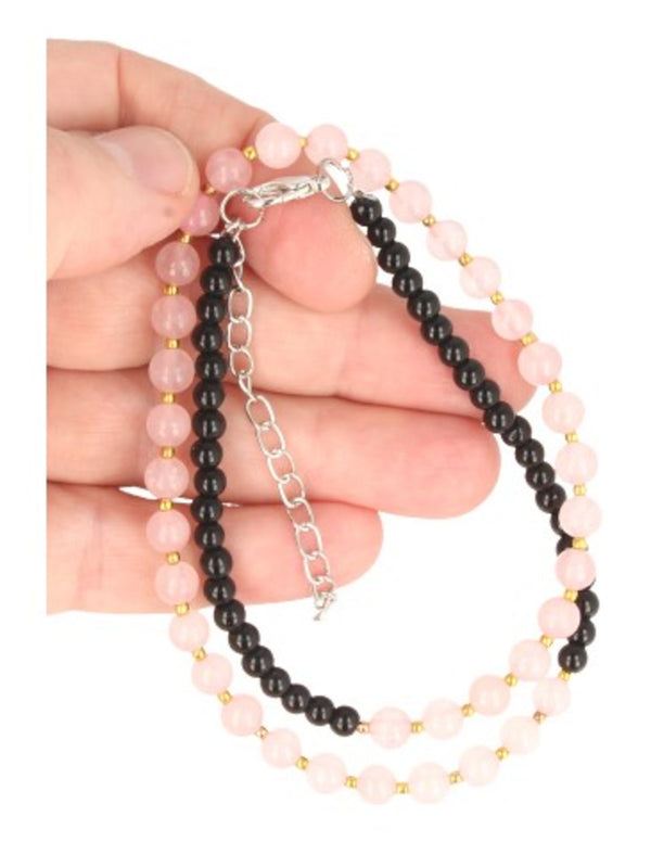 Edelsteen Ketting Rozenkwarts &amp; Zwart Glas Kralen