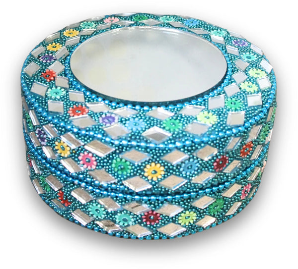 Glitter doosje 90 mm met spiegel blauw