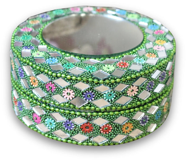 Glitter doosje 90 mm met spiegel groen