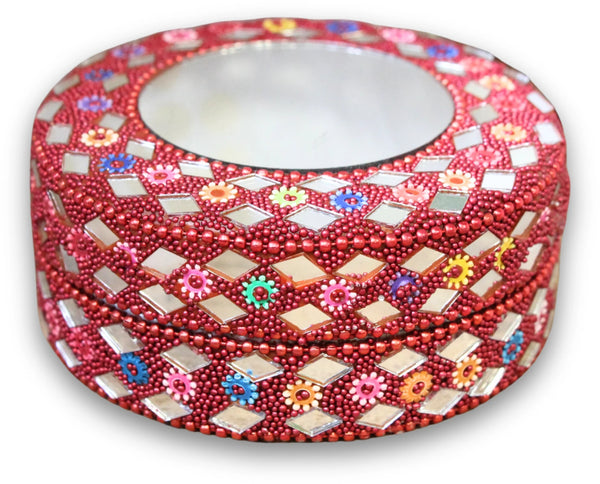 Glitter doosje 90 mm met spiegel rood