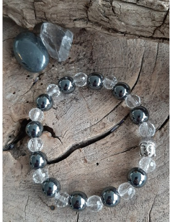 Edelsteen Armband Bergkristal/Hematiet met Boeddha
