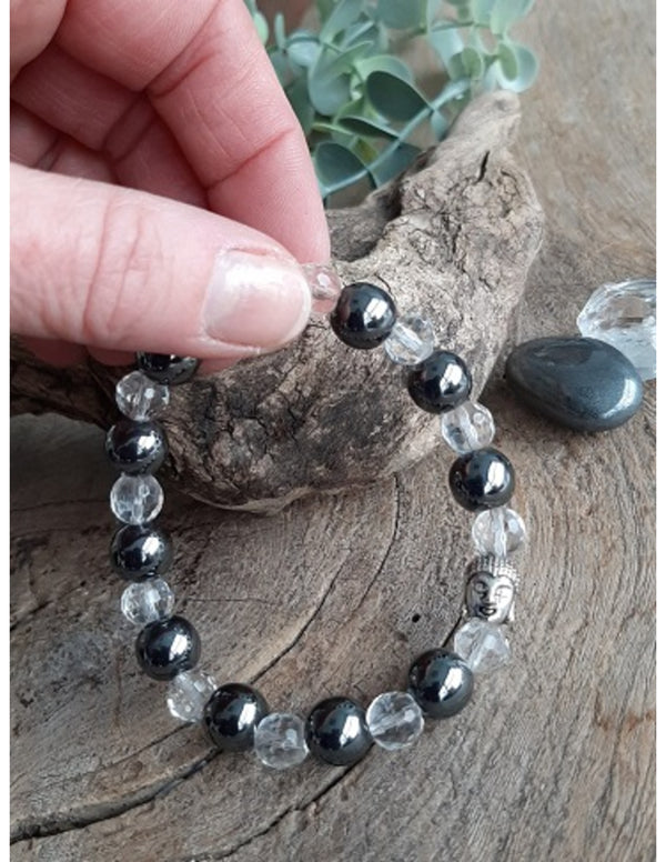 Edelsteen Armband Bergkristal/Hematiet met Boeddha