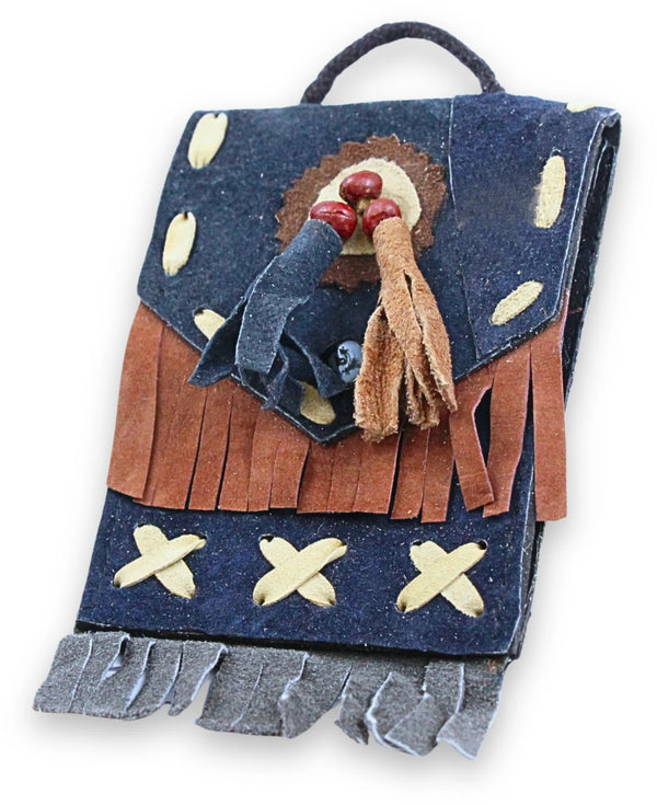 Leren Tasje Indianen style - donkerblauw - met franjes