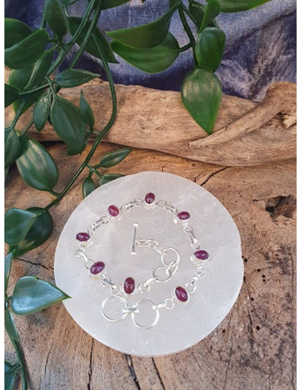 Handgemaakte Indiase 925 Sterling Zilveren Armband met Ovale Robijn Stenen