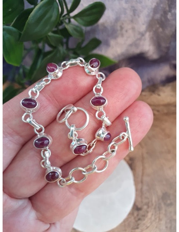 Handgemaakte Indiase 925 Sterling Zilveren Armband met Ovale Robijn Stenen