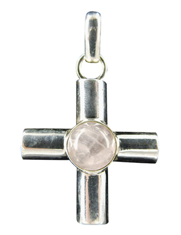 Roze kwarts hanger in zilver breed kruis