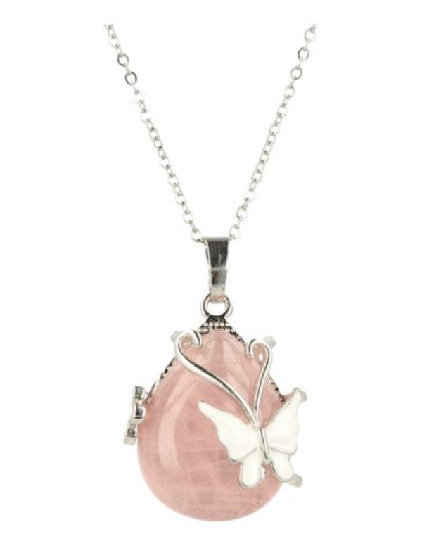 Druppelvormige Edelsteen Hanger Rozenkwarts – Vlinder &amp; Bloem