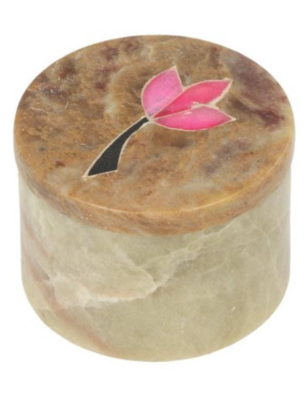 Speksteen doosje rond bloem 4,5 cm