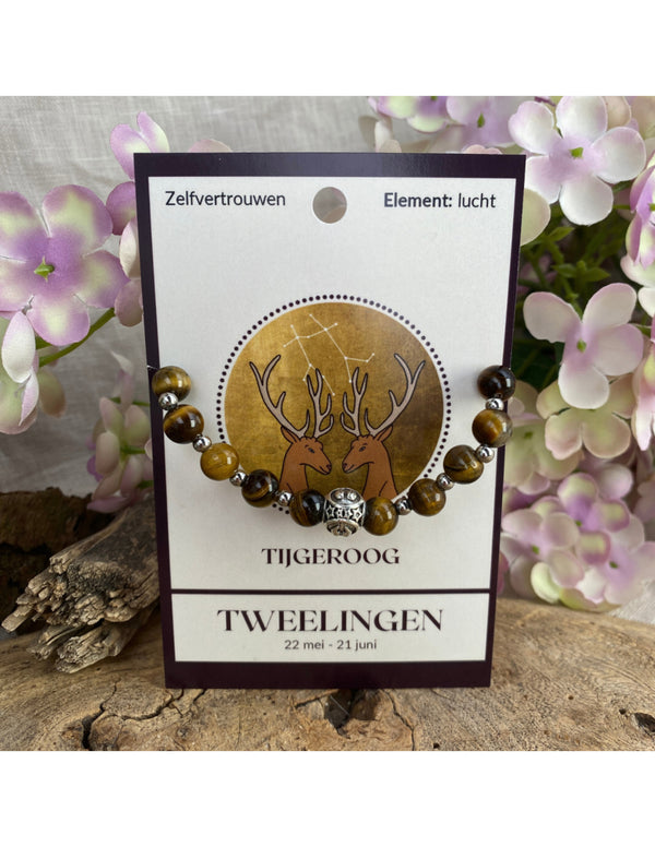 Tijgeroog Sterrenbeeld Tweelingen Armband 16 cm 8 mm Kralen Elastiek