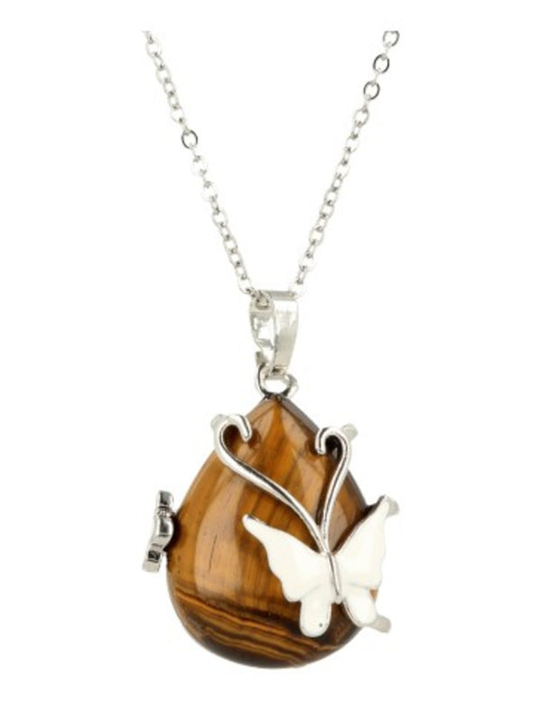 Druppelvormige Edelsteen Hanger Tijgeroog – Vlinder &amp; Bloem