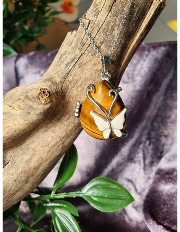Druppelvormige Edelsteen Hanger Tijgeroog – Vlinder &amp; Bloem