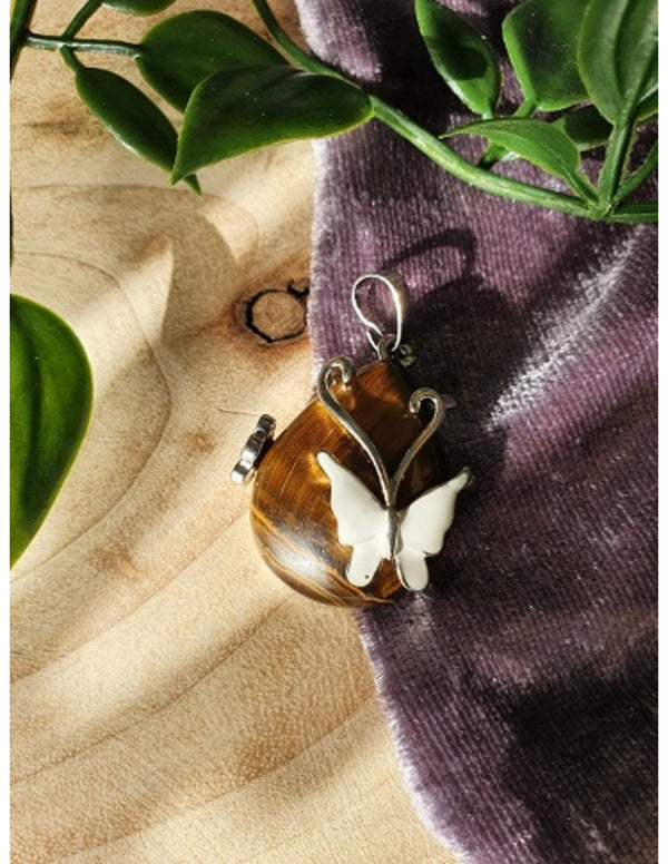 Druppelvormige Edelsteen Hanger Tijgeroog – Vlinder &amp; Bloem