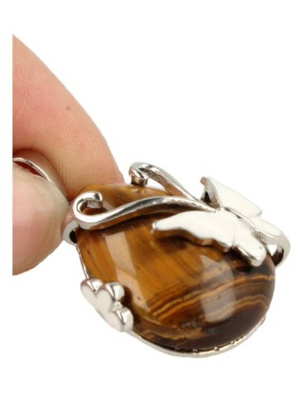 Druppelvormige Edelsteen Hanger Tijgeroog – Vlinder &amp; Bloem