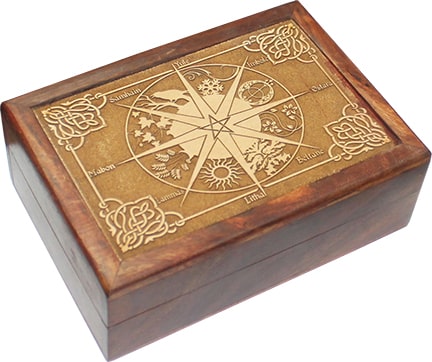 Houten Tarotdoos met Gegraveerde Pagan-Wicca Kalender