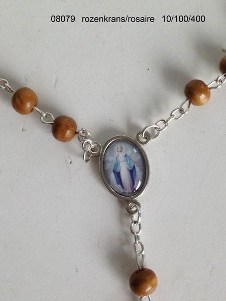 Houten Rozenkrans met Afbeelding van Maria Miraculeuse