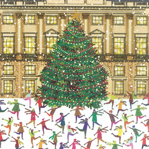 Kerstkaart - Mensen schaatsen rondom Kerstboom (Set van 5)