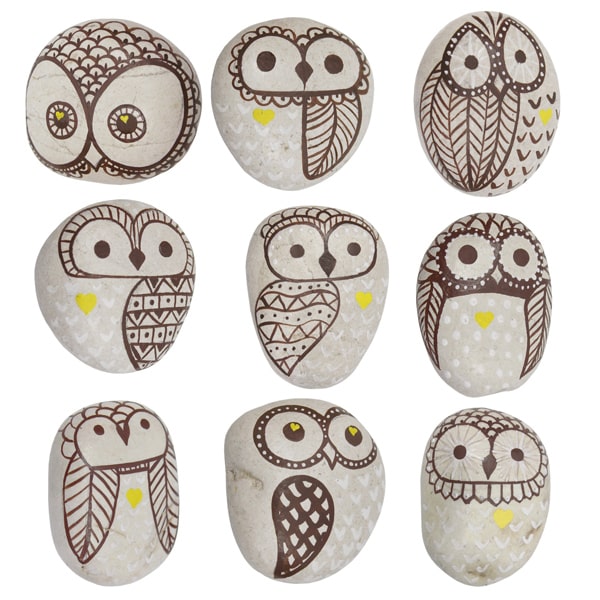 Handbeschilderde Witte Geluksstenen Uilen (Set van 9)