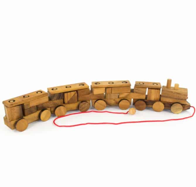 Speelgoed Trein - 3 Wagons - Met Trektouw - Hout - 55cm - Sawahasa  - Thailand - Fairtrade
