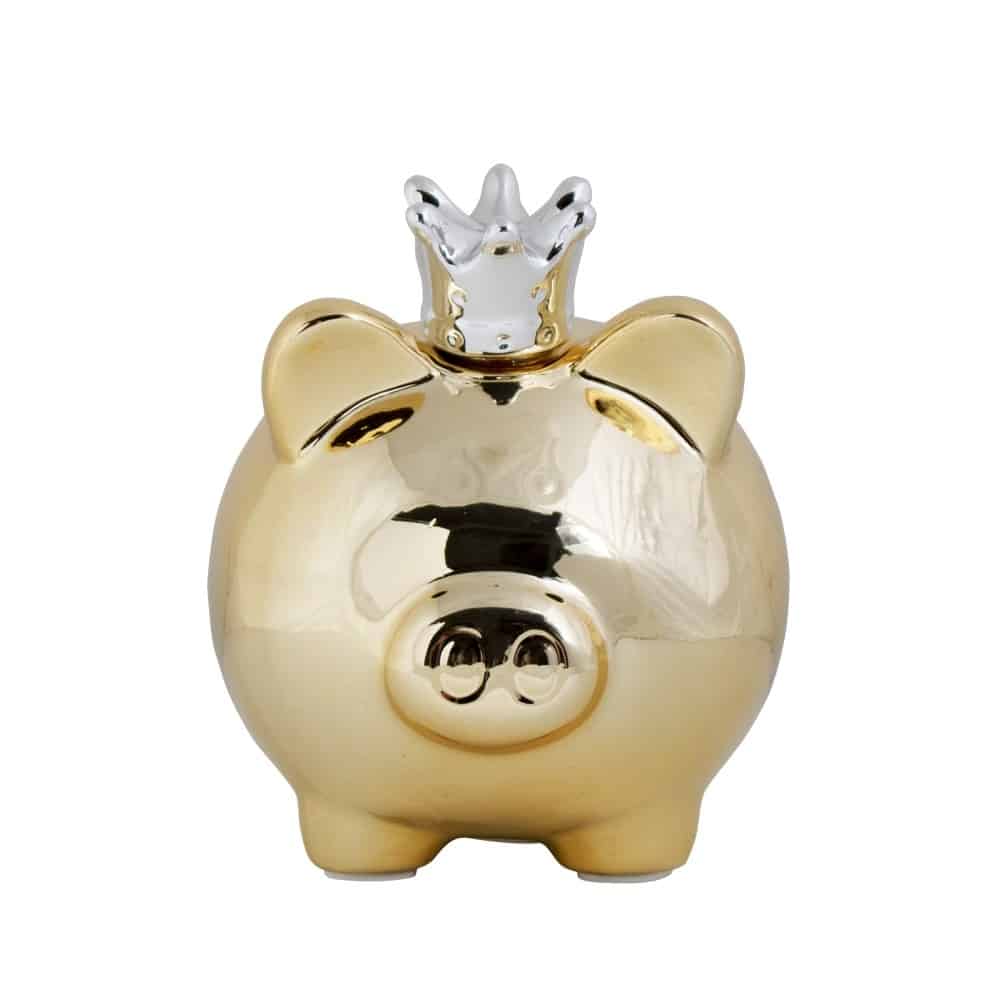 Goudkleurige Spaarpot Varken met Kroon (16 cm)
