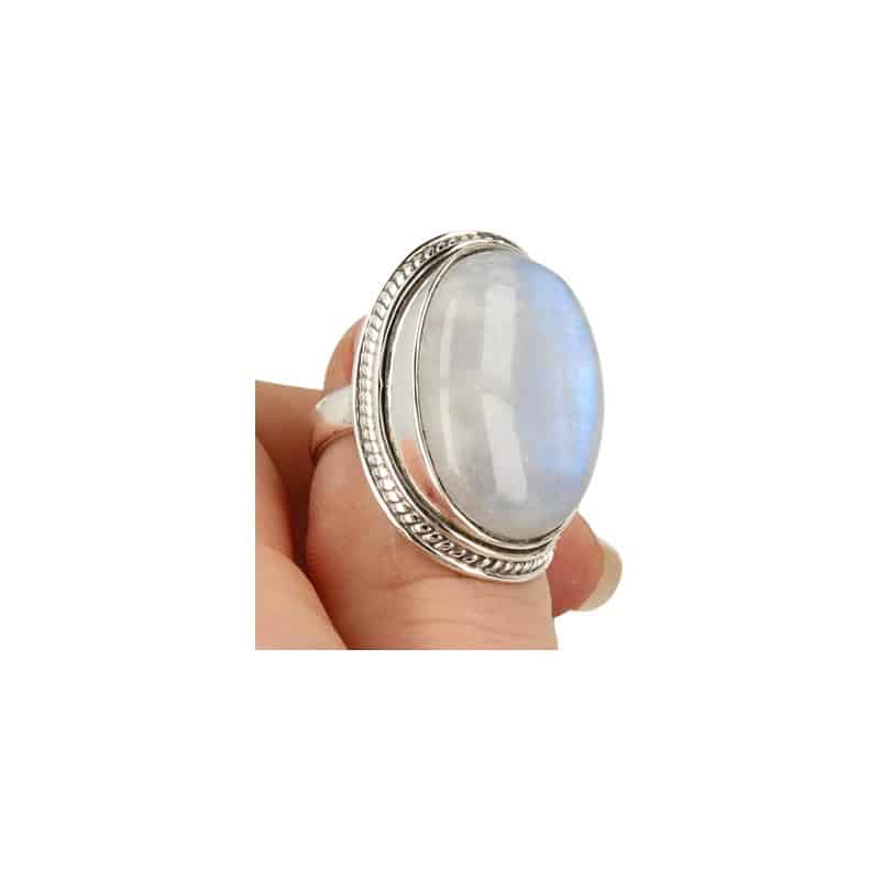 Bewerkte Zilveren Ring met Maansteen Regenboog (Model 15 - Maat 17,25)