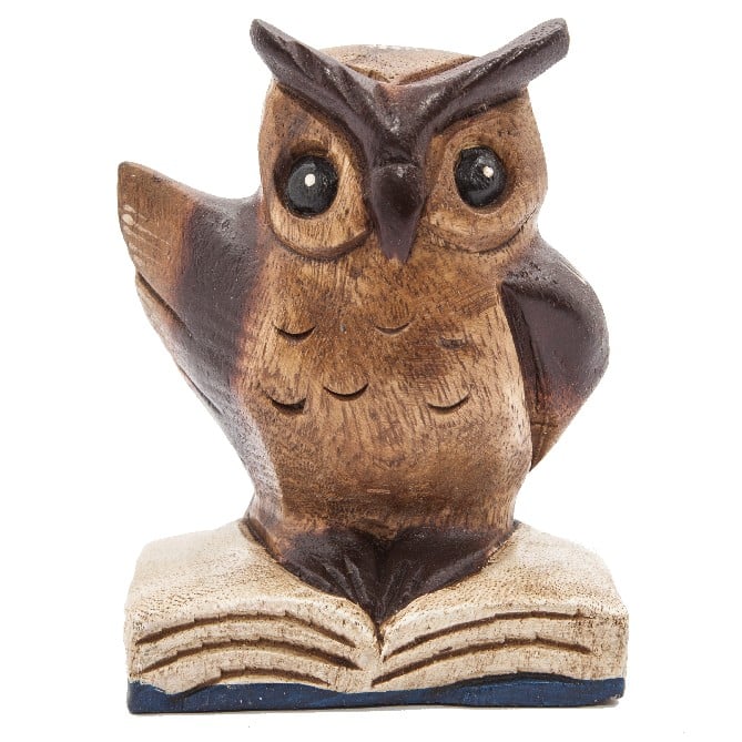 Houten Beeld van Uil op Boek (13 cm)
