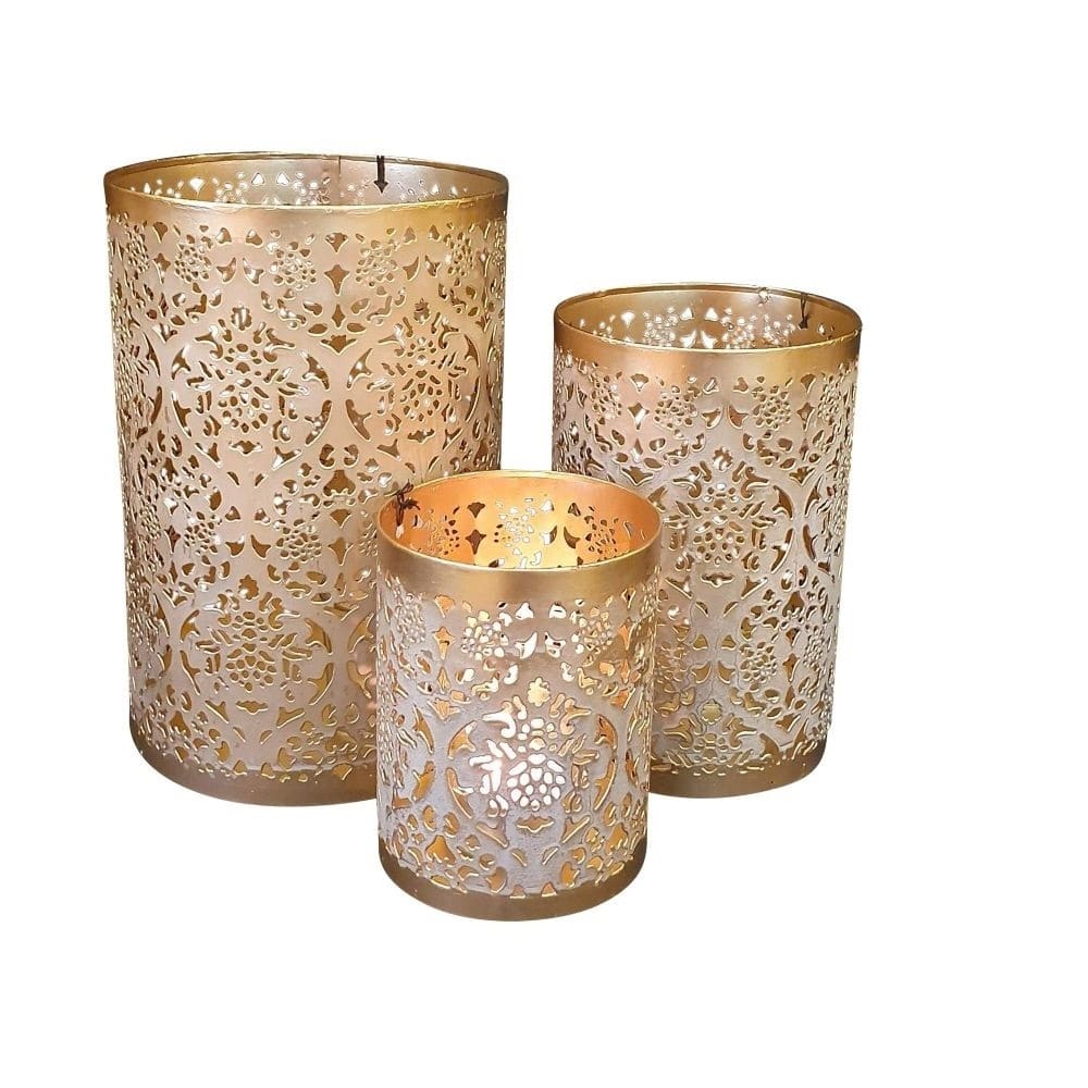 Metalen Windlichten Goudkleurig Beige Mandala (Set van 3)